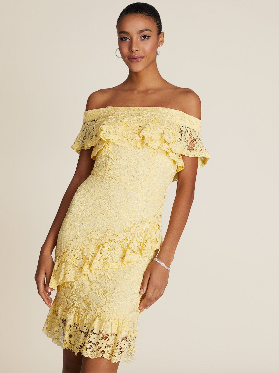 Lace Off-The-Shoulder Layered Ruffle Mini Dress sold by Suzy Shier product image thumbnail 3