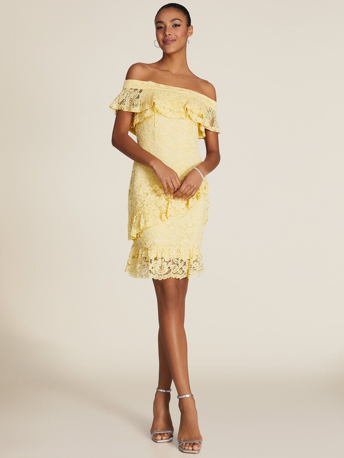 Lace Off-The-Shoulder Layered Ruffle Mini Dress sold by Suzy Shier