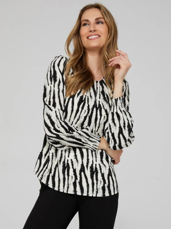 Zebra Print Scoop Neck Top With Smocked Cuffs sold by Suzy Shier