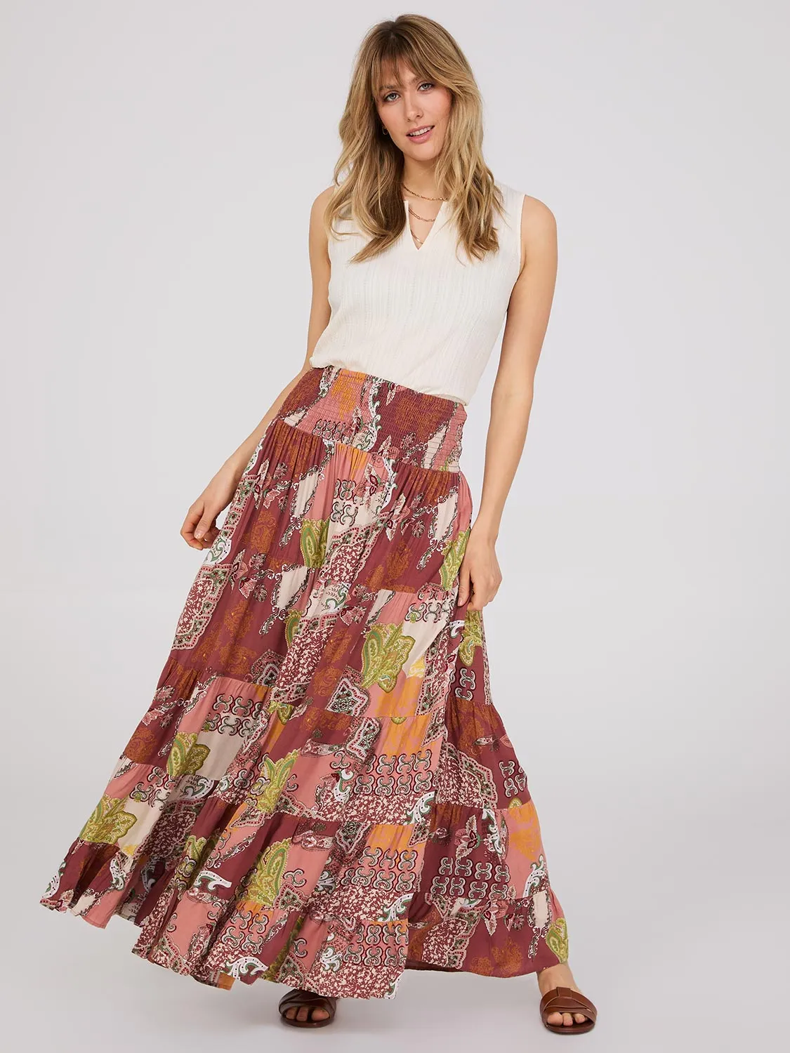 Printed Multi-Tiered Maxi Skirt sold by Suzy Shier