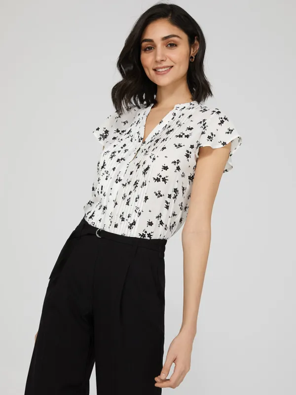 Printed Crepe Chiffon Blouse WIth Pintuck Detail sold by Suzy Shier