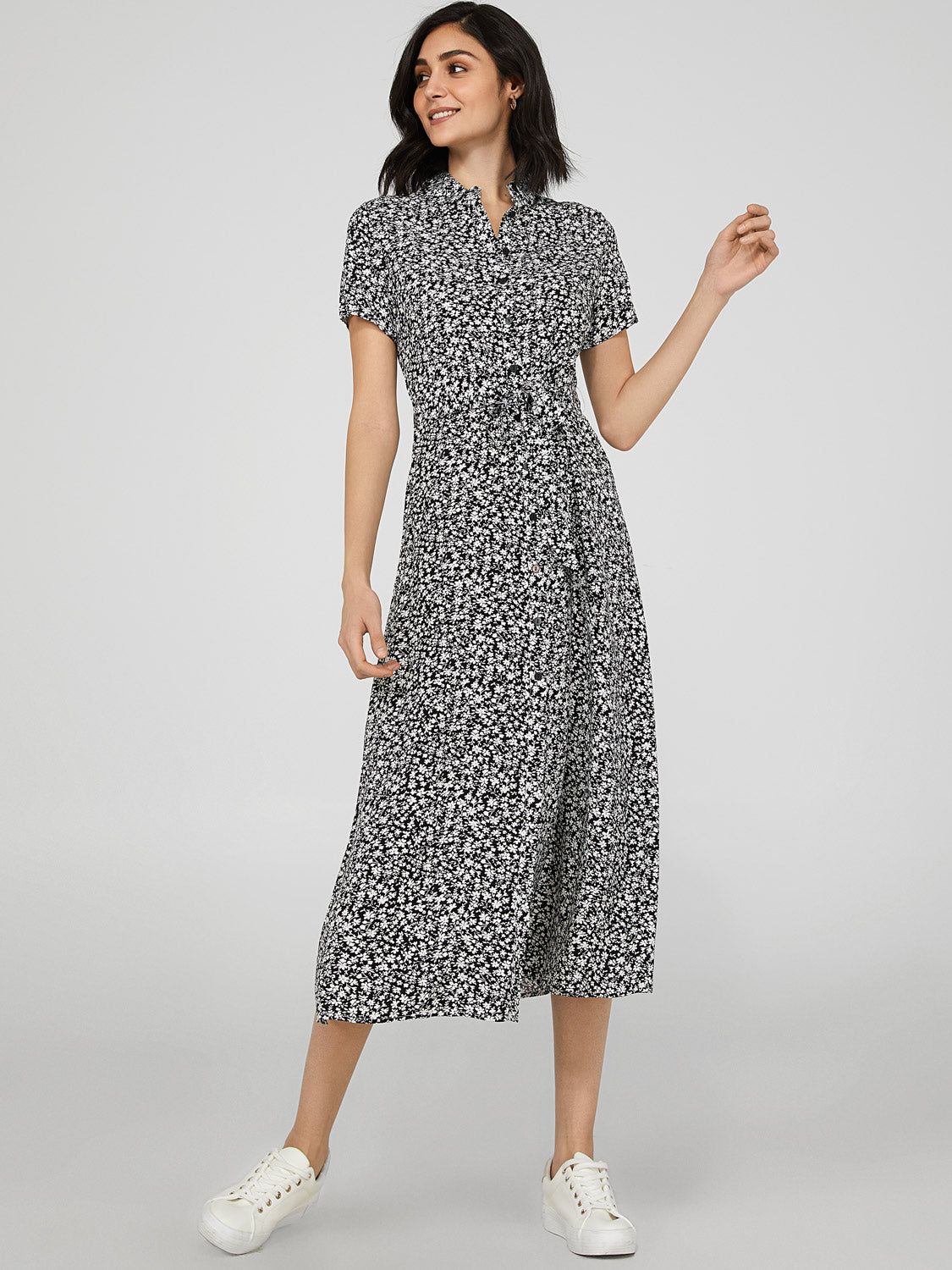 Printed Button-Front Midi Shirt Dress sold by Suzy Shier