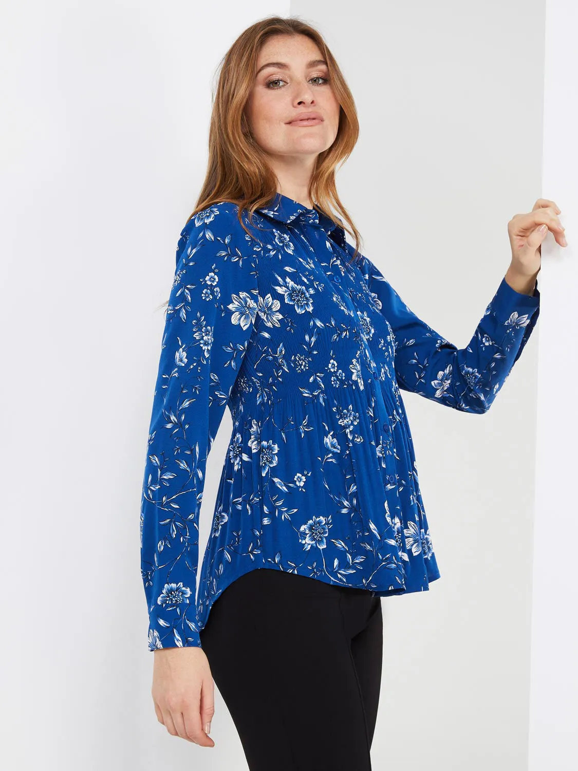 Floral Print Pleated Button-Front Flared Blouse sold by Suzy Shier product image thumbnail 4