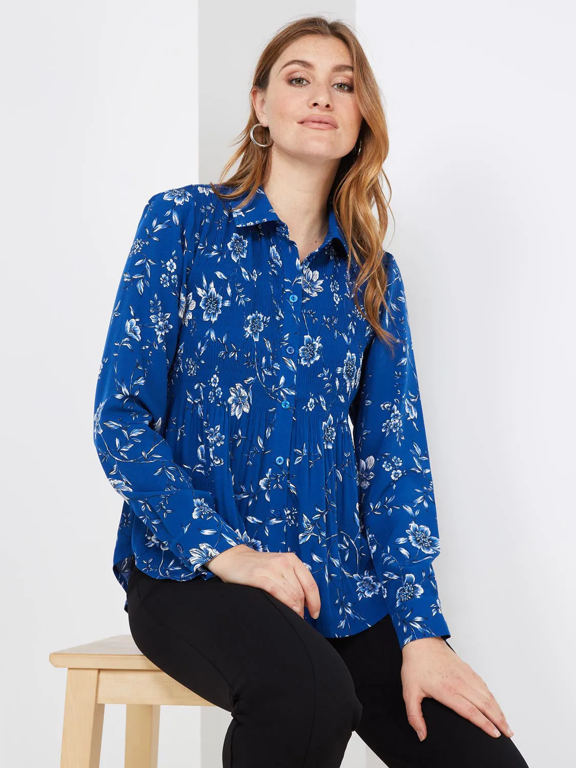 Floral Print Pleated Button-Front Flared Blouse sold by Suzy Shier