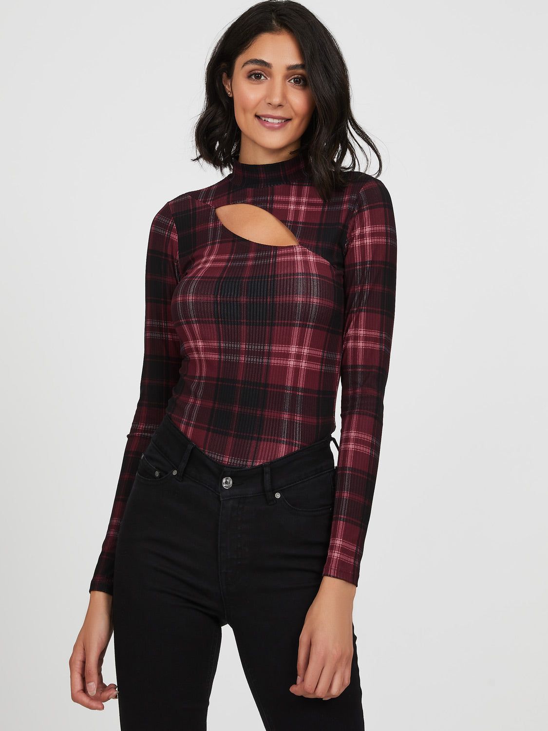 Cut Out Mock Neck Rib Knit Plaid Top sold by Suzy Shier product image thumbnail 3