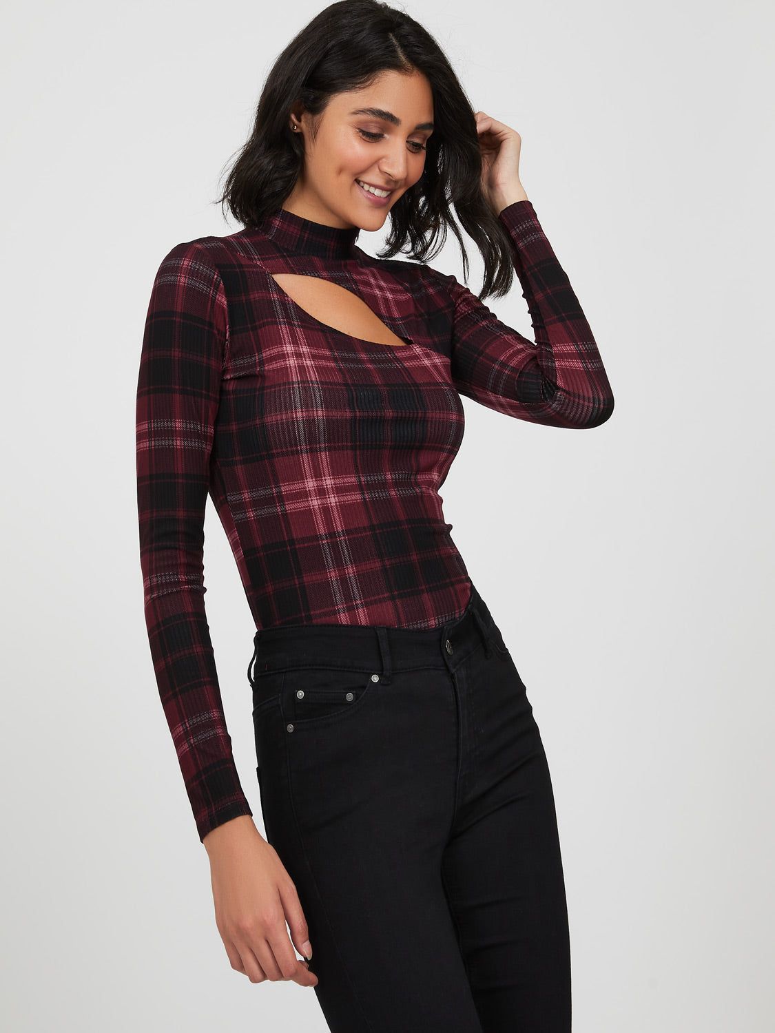 Cut Out Mock Neck Rib Knit Plaid Top sold by Suzy Shier