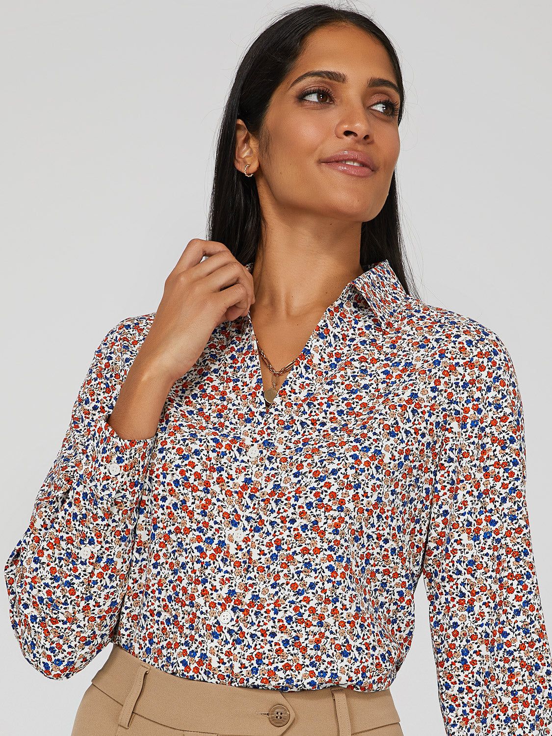 Printed Split Neck Button-Down Blouse sold by Suzy Shier product image thumbnail 2