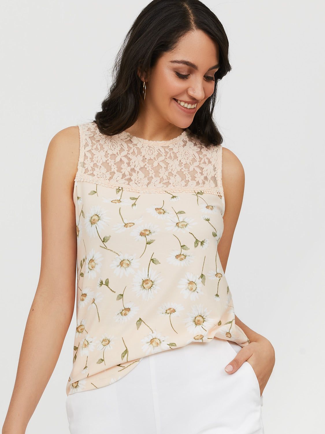 Sleeveless Round Neck Lace Knit Floral Top sold by Suzy Shier