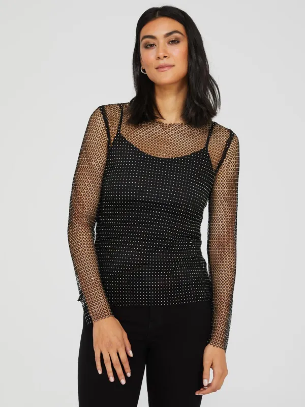 Crew Neck Rhinestone Fishnet Top With Cami sold by Suzy Shier