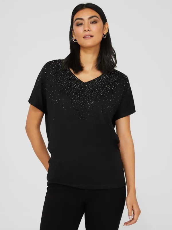 Studded Short Sleeve V-Neck Top sold by Suzy Shier