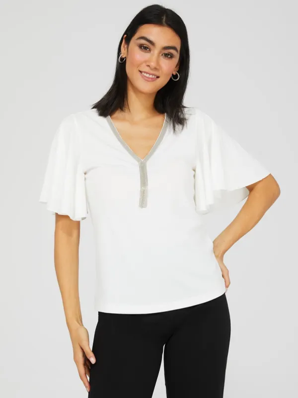 Flutter Sleeve Top With Metal Tassel Detail sold by Suzy Shier