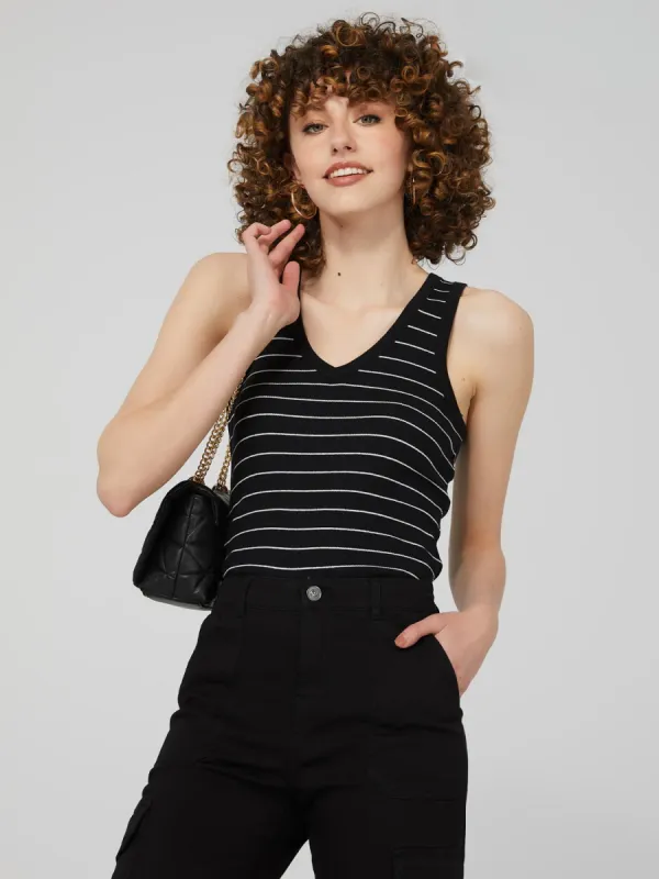 Striped Jersey Ribbed V-Neck Tank Top sold by Suzy Shier