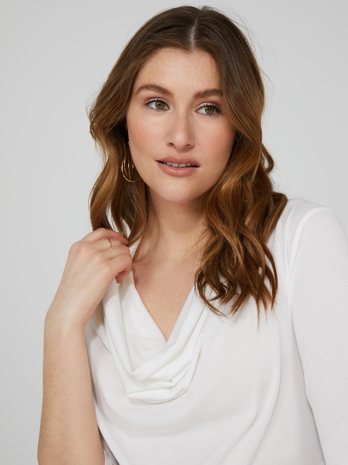 3/4 Sleeve Cowl Neck Crepe Top sold by Suzy Shier