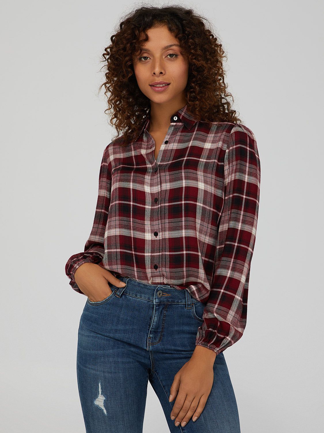 Plaid Button-Down Blouse sold by Suzy Shier