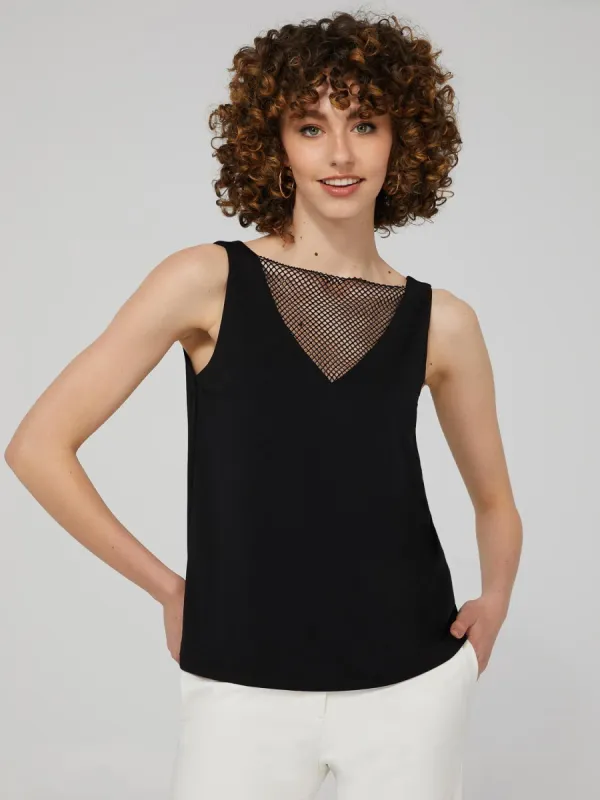Sleeveless Top With Fishnet Rhinestone Neck Detail sold by Suzy Shier