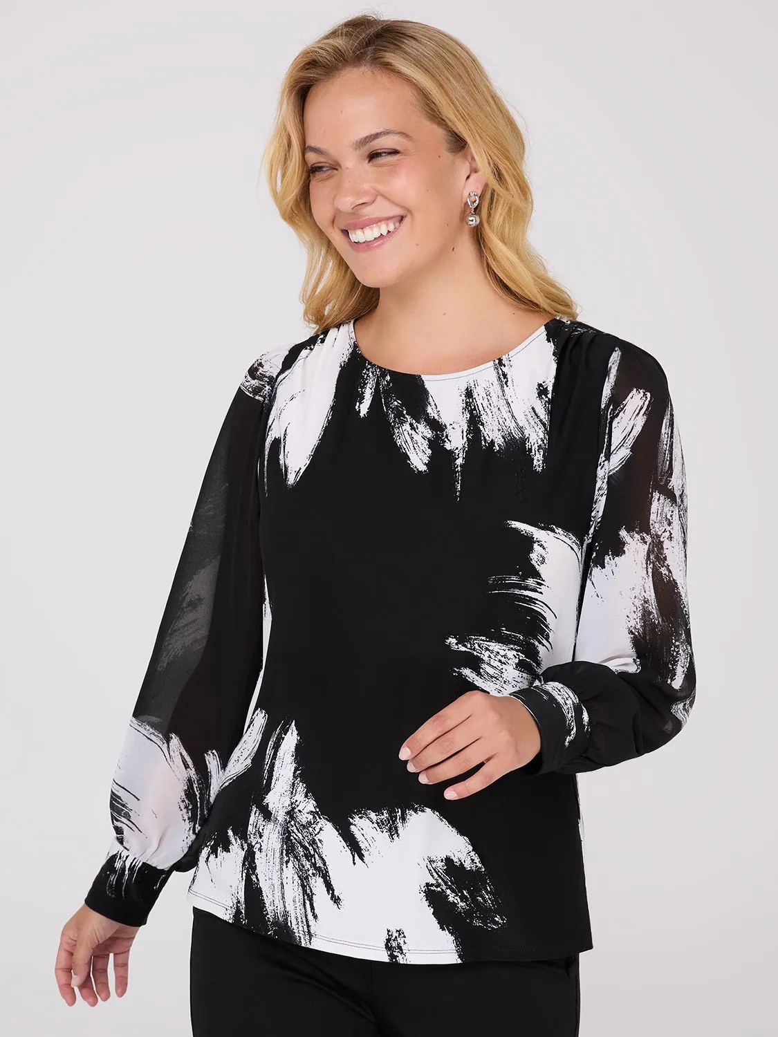 Printed Long Chiffon Sleeve Boat Neck Top sold by Suzy Shier