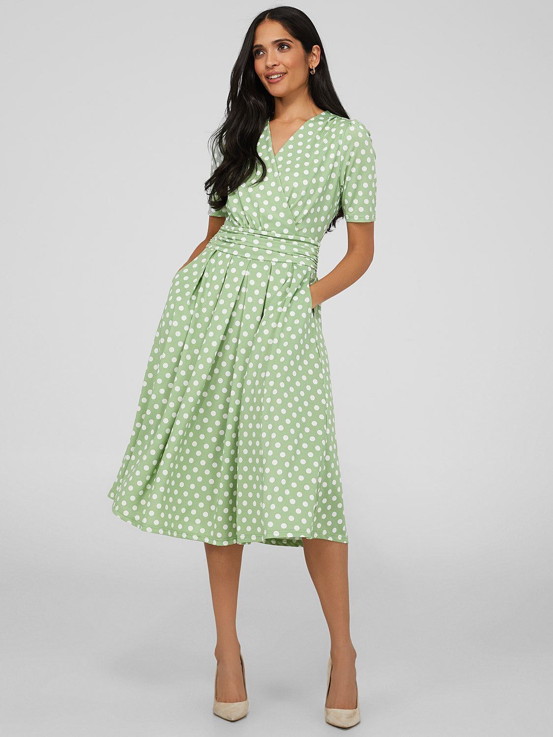 Polka Dot Crossover Midi Dress sold by Suzy Shier