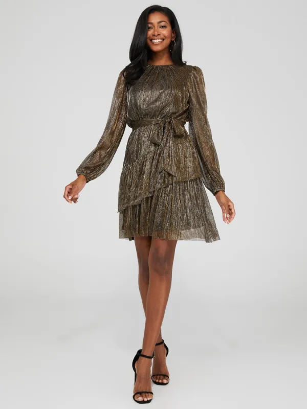 Metallic Plisse Mini Dress With Tiered Skirt sold by Suzy Shier