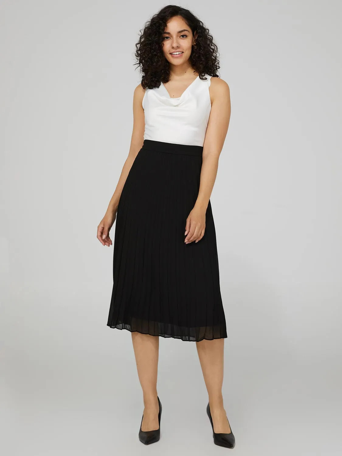 Satin Cowl Neck Midi Dress With Pleated Chiffon Skirt sold by Suzy Shier