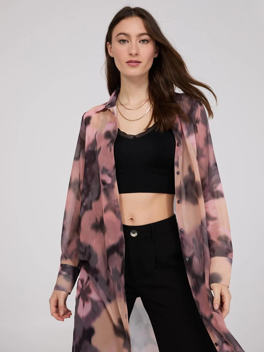 Floral Print Chiffon Button-Front Tunic Blouse sold by Suzy Shier product image thumbnail 2