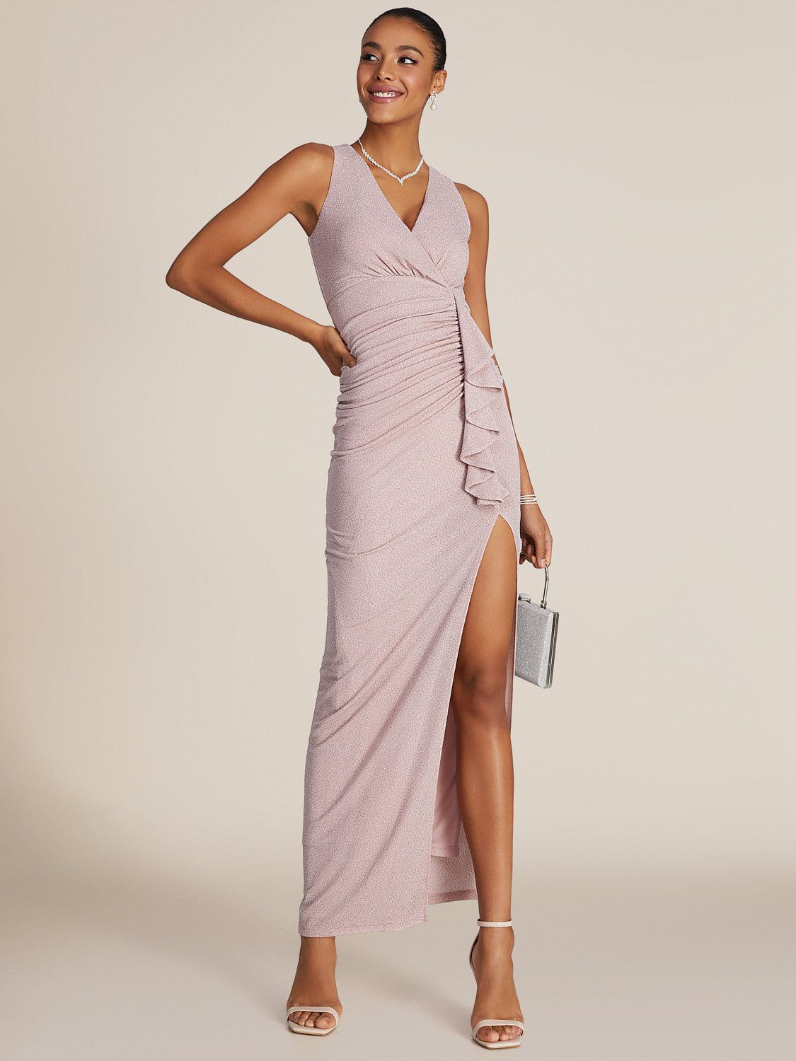 Sleeveless Sparkle Gown With Cascading Ruffles sold by Suzy Shier