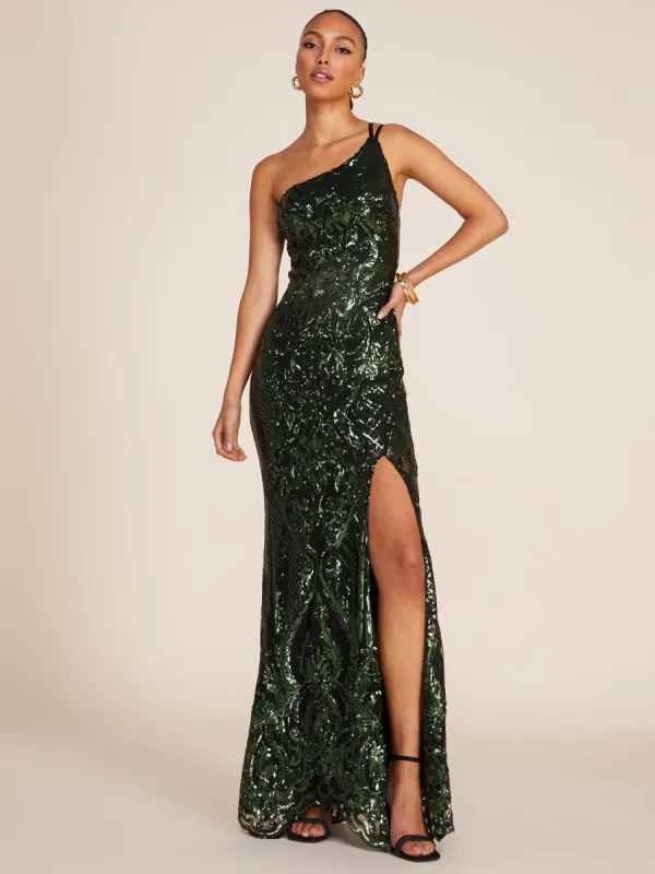 Long One-Shoulder Sequin Gown sold by Suzy Shier