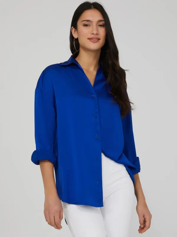 Oversized Satin Button Down Blouse sold by Suzy Shier