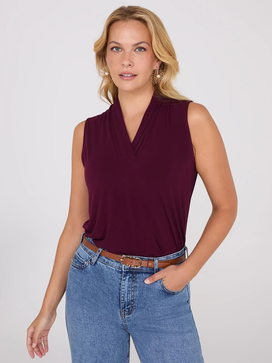 Sleeveless Pleated V-Neck Top sold by Suzy Shier
