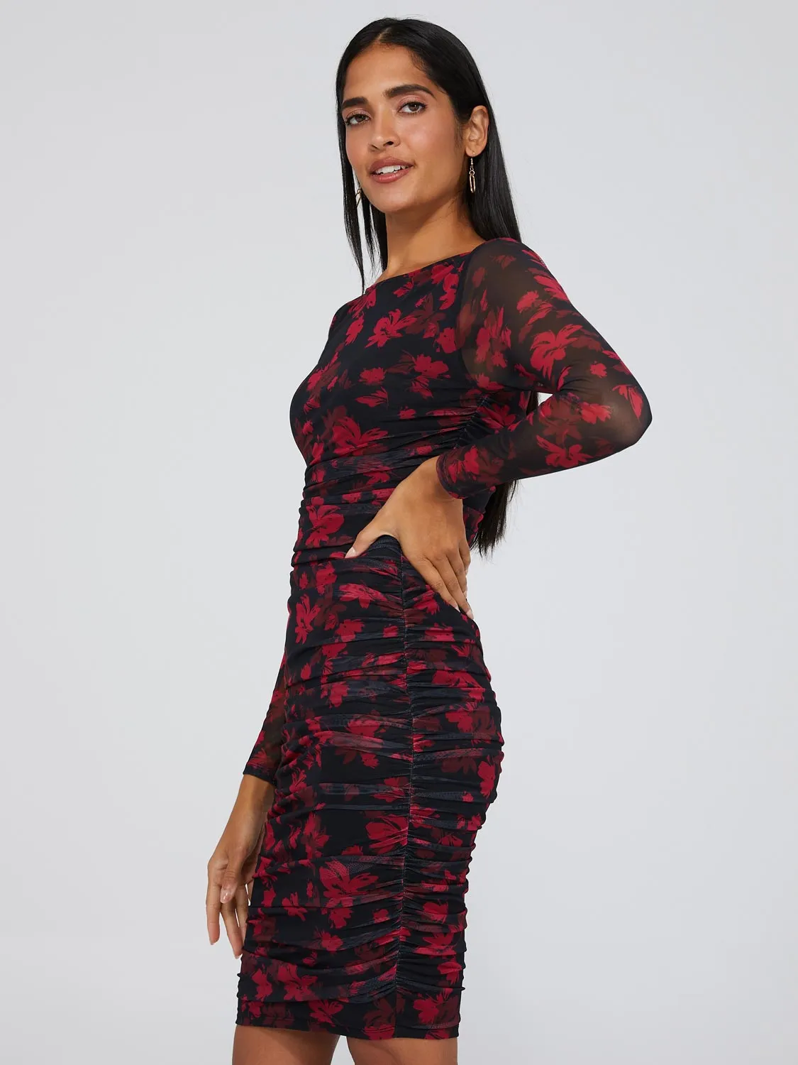 Printed Mesh Long Sleeve Gathered Dress sold by Suzy Shier product image thumbnail 5
