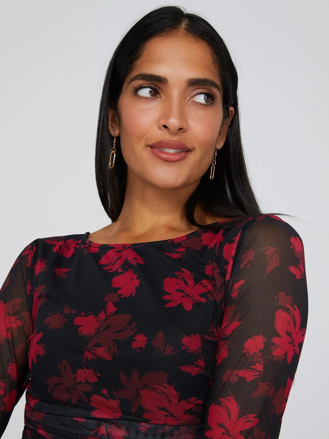 Printed Mesh Long Sleeve Gathered Dress sold by Suzy Shier product image thumbnail 4