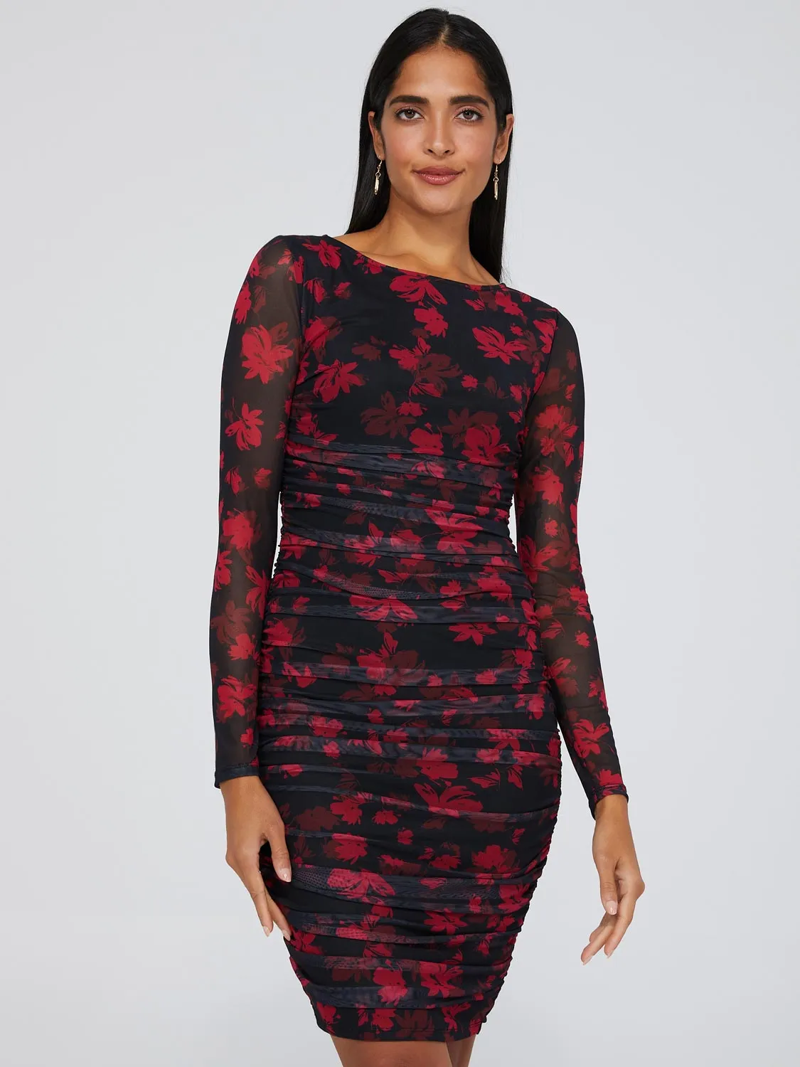 Printed Mesh Long Sleeve Gathered Dress sold by Suzy Shier product image thumbnail 3