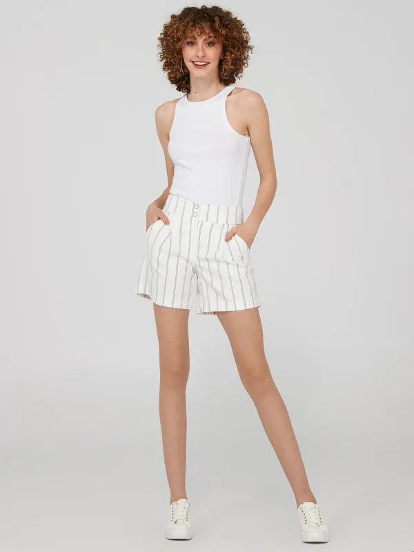 Striped High-Waisted Pleated Shorts sold by Suzy Shier