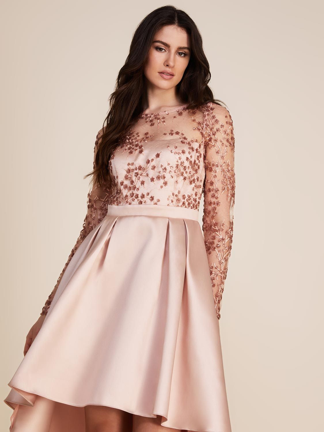 Long Sleeve High-Low Midi Satin Dress With Embellished Mesh Top sold by Suzy Shier product image thumbnail 8