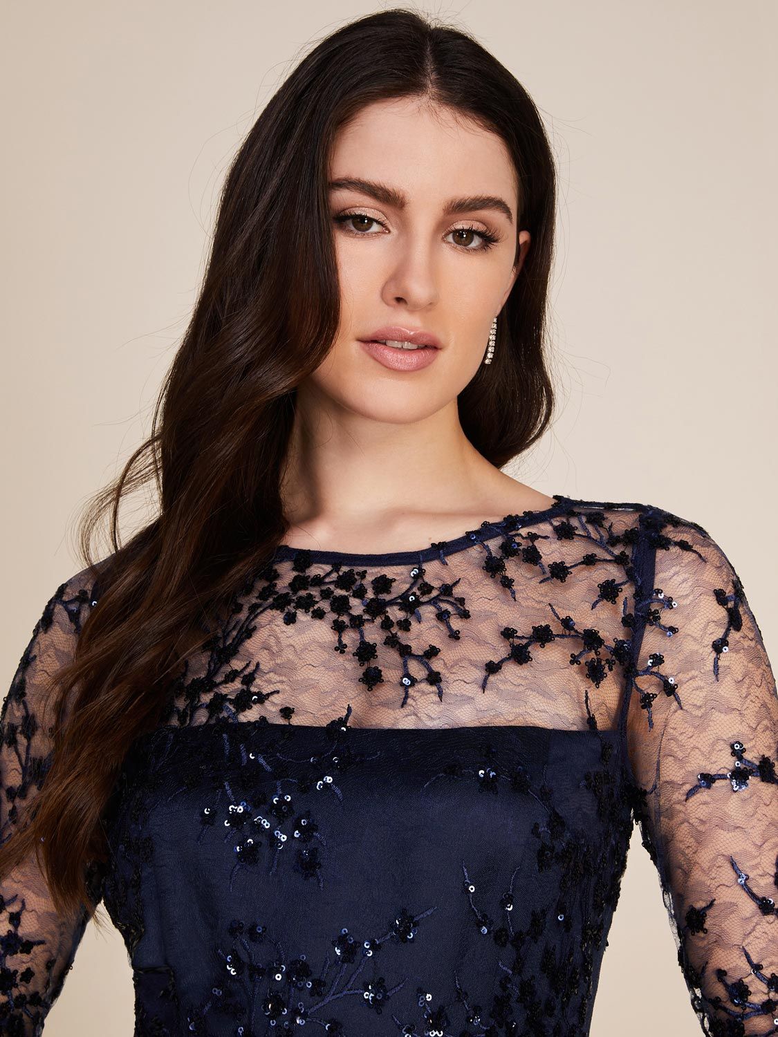 Long Sleeve High-Low Midi Satin Dress With Embellished Mesh Top sold by Suzy Shier product image thumbnail 4