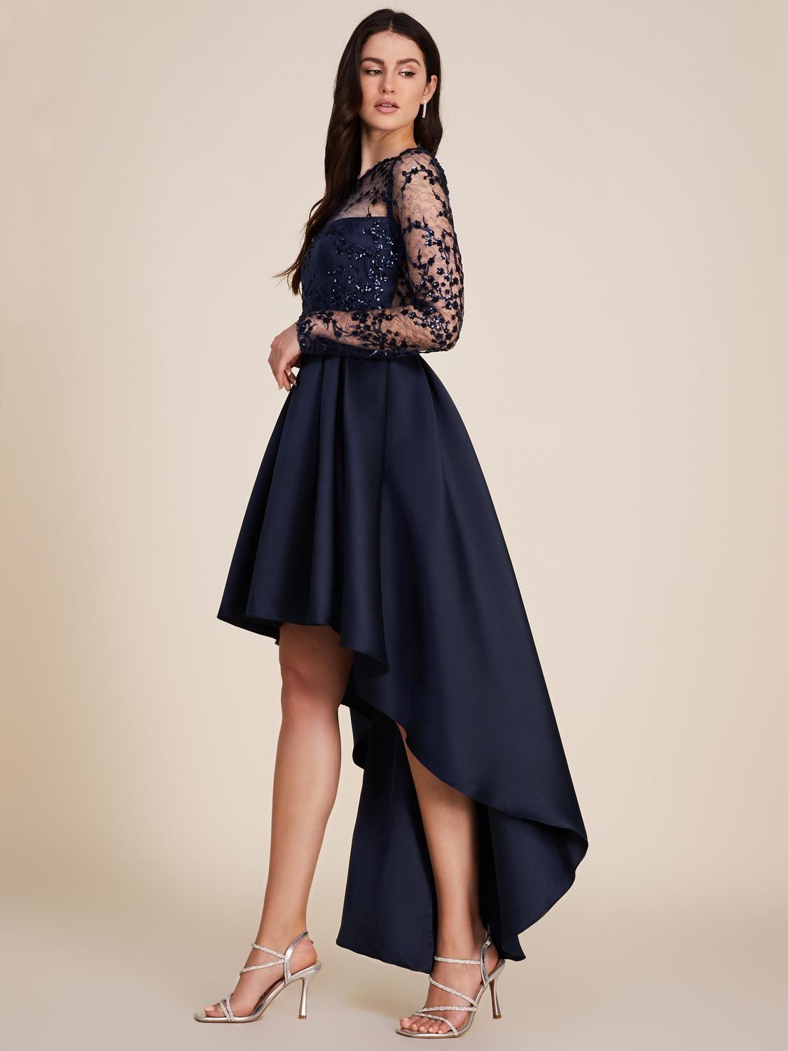 Long Sleeve High-Low Midi Satin Dress With Embellished Mesh Top sold by Suzy Shier product image thumbnail 3