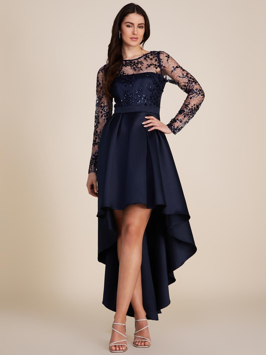 Long Sleeve High-Low Midi Satin Dress With Embellished Mesh Top sold by Suzy Shier product image thumbnail 2