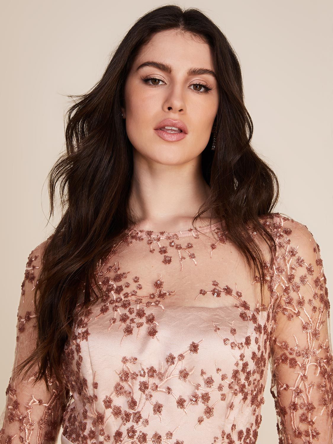 Long Sleeve High-Low Midi Satin Dress With Embellished Mesh Top sold by Suzy Shier product image thumbnail 9