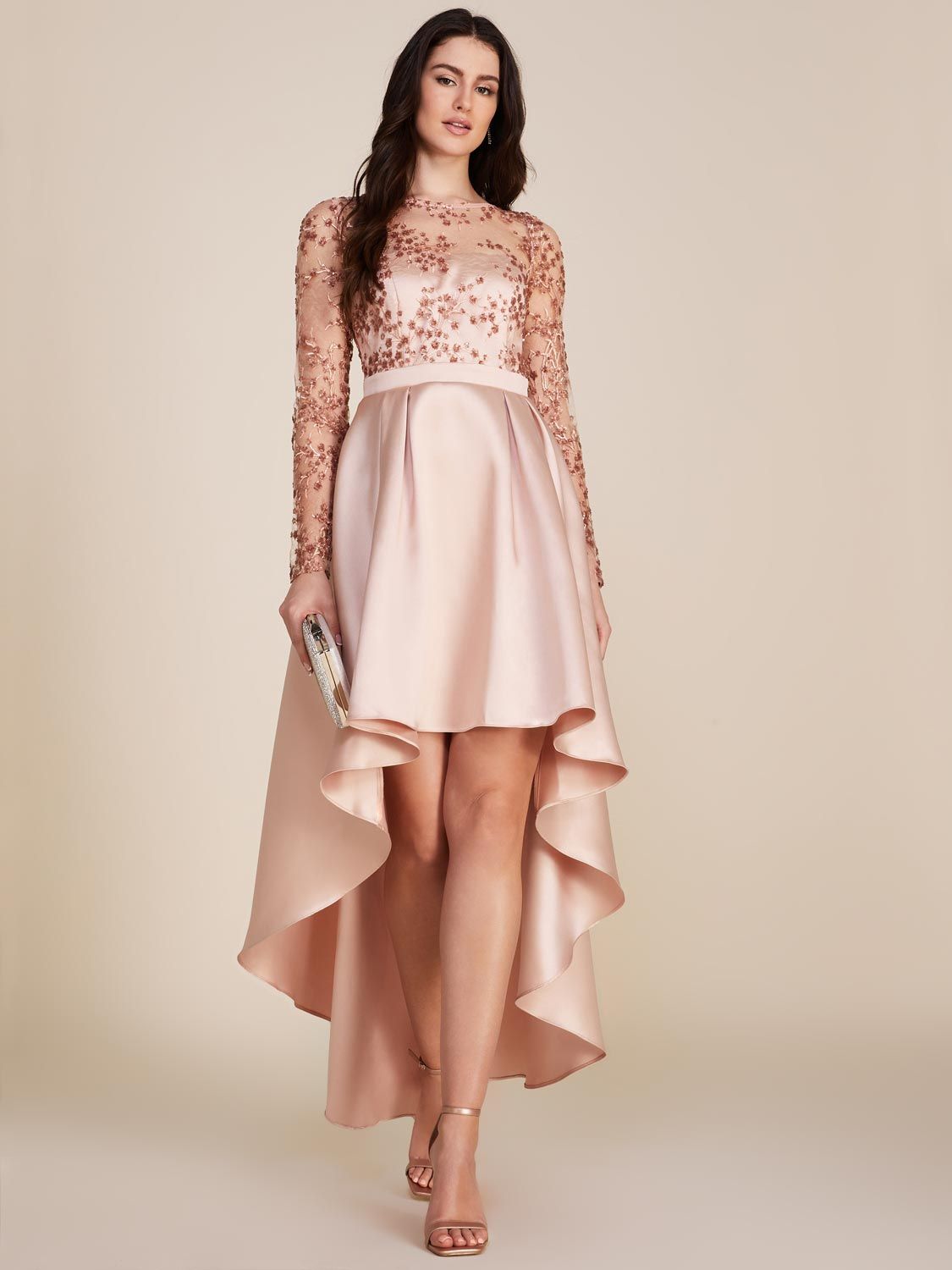 Long Sleeve High-Low Midi Satin Dress With Embellished Mesh Top sold by Suzy Shier product image thumbnail 6