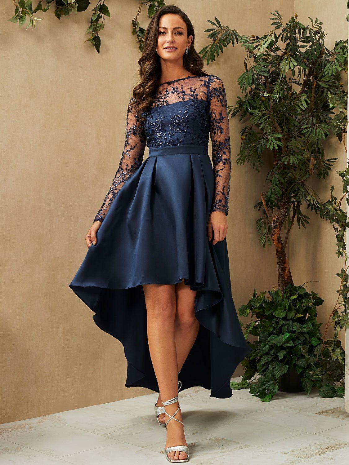 Long Sleeve High-Low Midi Satin Dress With Embellished Mesh Top sold by Suzy Shier