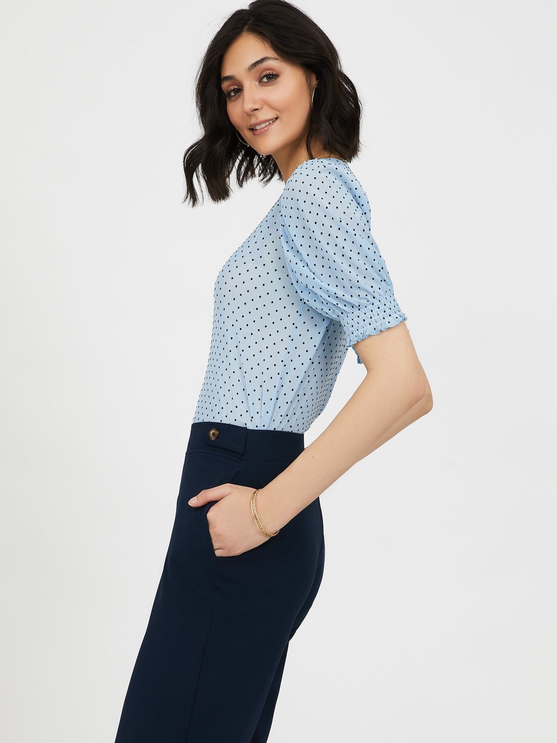 Puffed Sleeve Printed Flocked Dot Mesh Top sold by Suzy Shier product image thumbnail 3