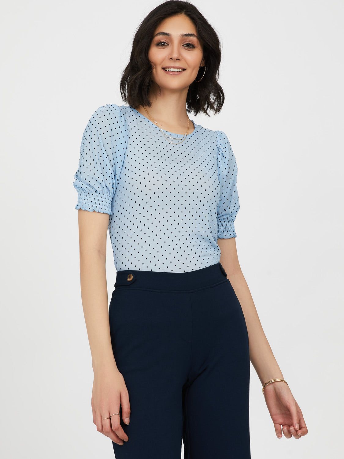 Puffed Sleeve Printed Flocked Dot Mesh Top sold by Suzy Shier product image thumbnail 2