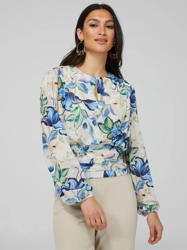 Floral Print Mesh Top With Pleated Bottom Band sold by Suzy Shier