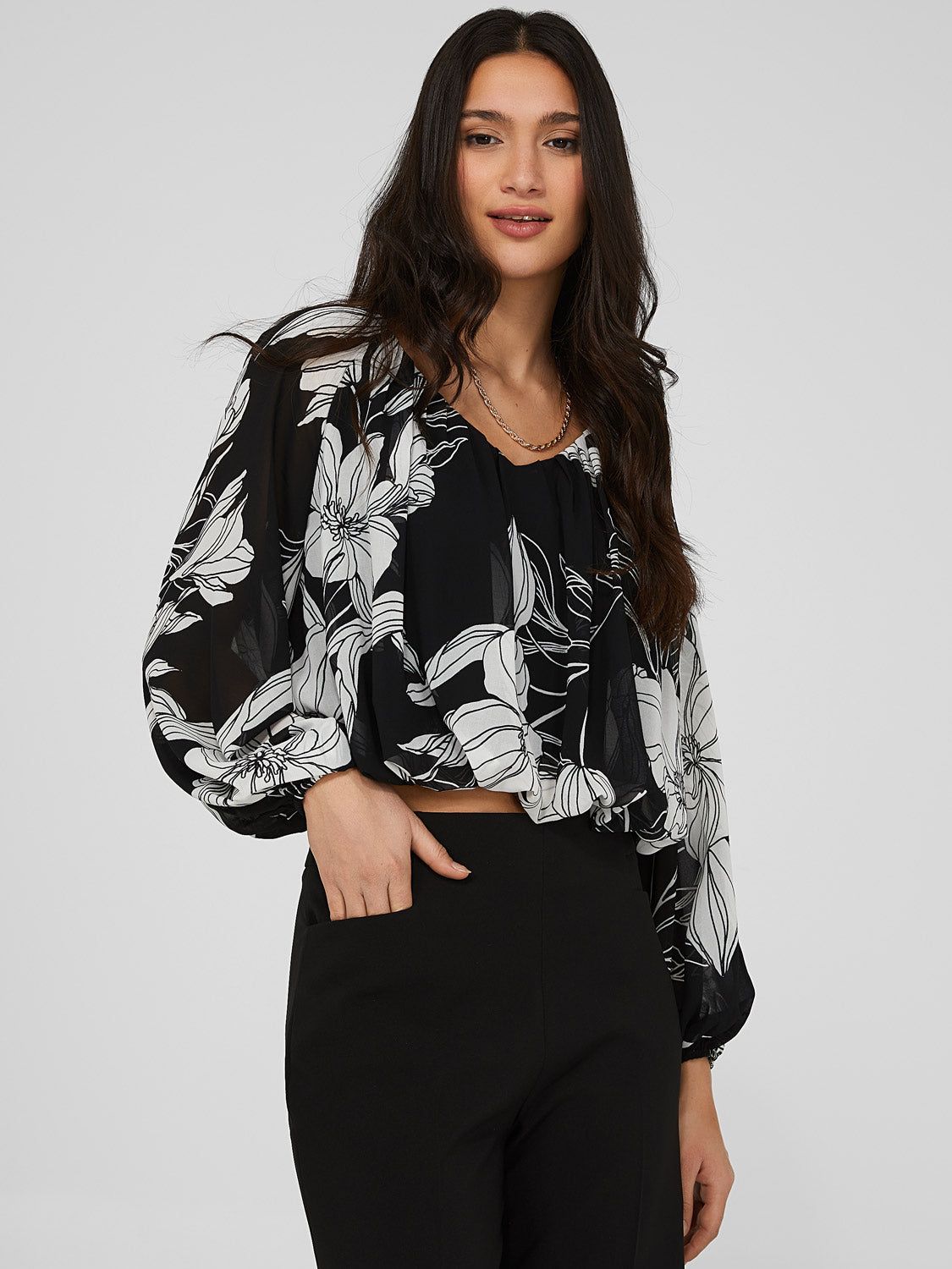 Cropped Printed Chiffon V-Neck Top sold by Suzy Shier