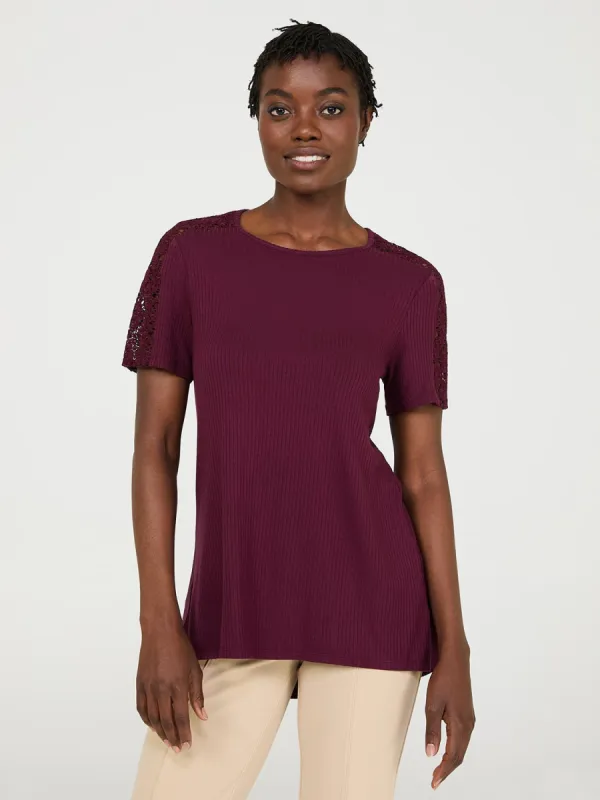 Short Crochet Sleeve Ribbed Top sold by Suzy Shier