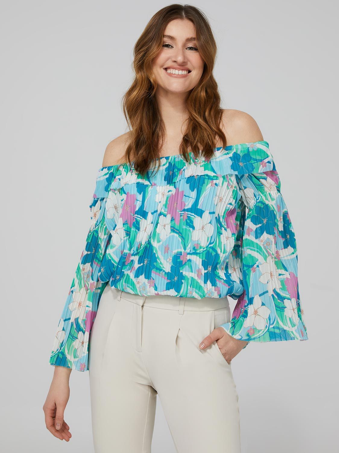 Floral Print Off-The-Shoulder Cropped Mesh Top sold by Suzy Shier product image thumbnail 2