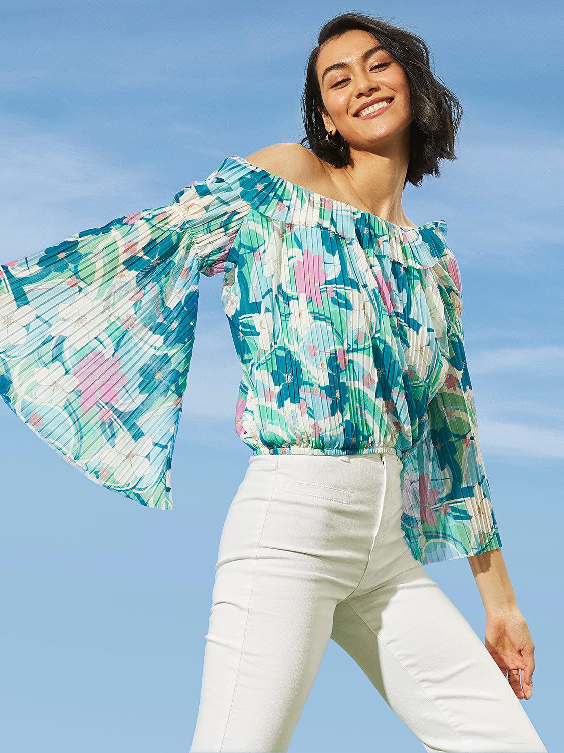 Floral Print Off-The-Shoulder Cropped Mesh Top sold by Suzy Shier