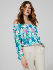 Floral Print Off-The-Shoulder Cropped Mesh Top sold by Suzy Shier