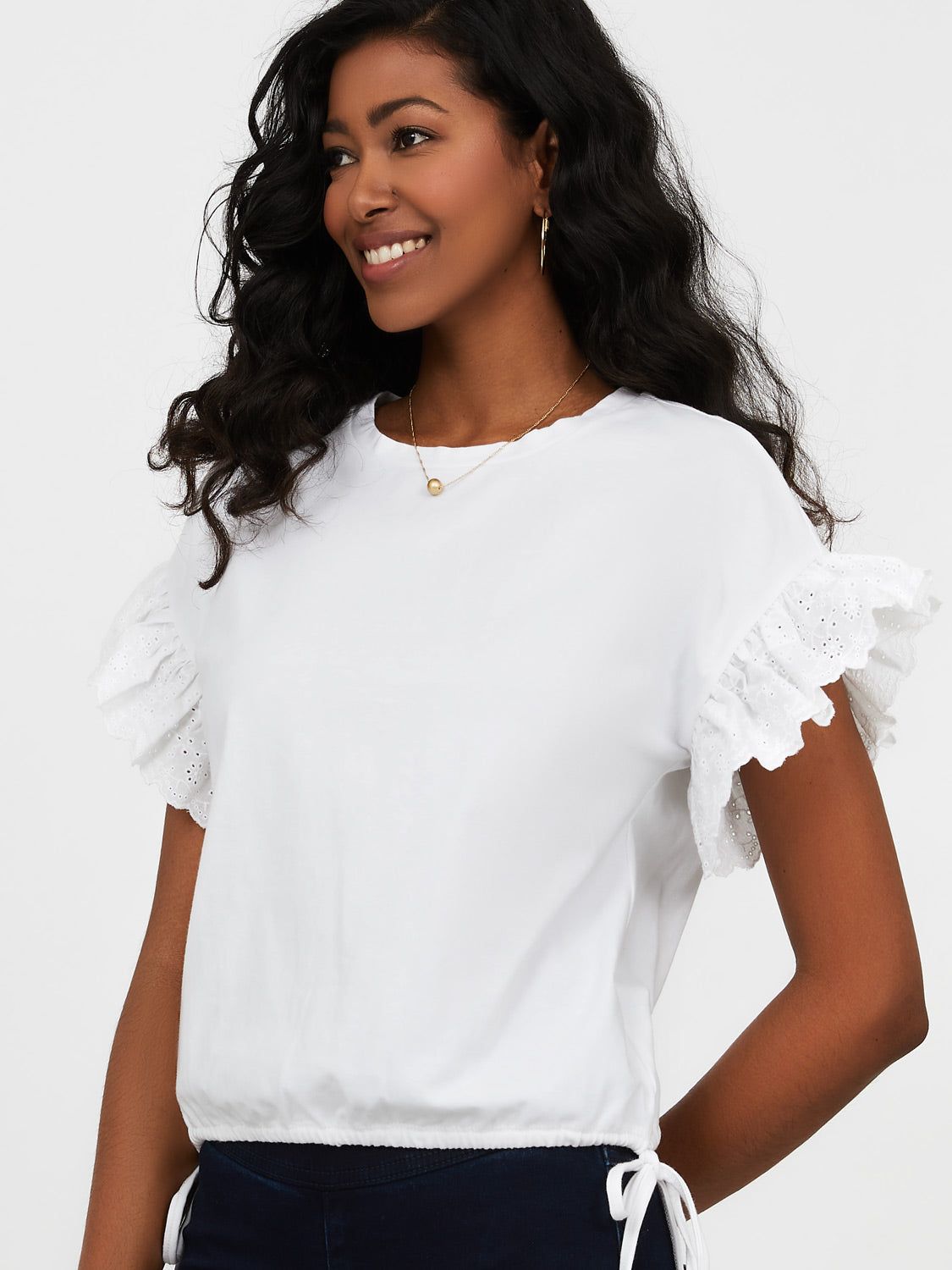Embroidered Eyelet Sleeve Ruched Cotton Top sold by Suzy Shier product image thumbnail 2