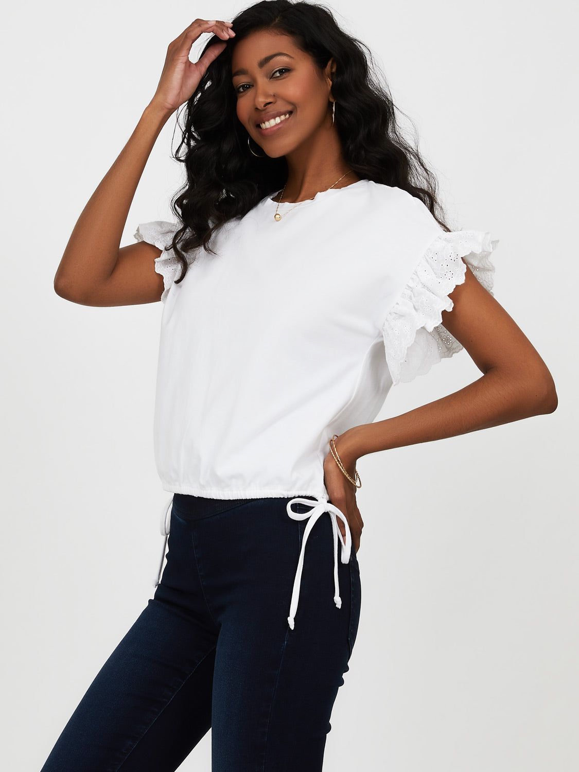Embroidered Eyelet Sleeve Ruched Cotton Top sold by Suzy Shier