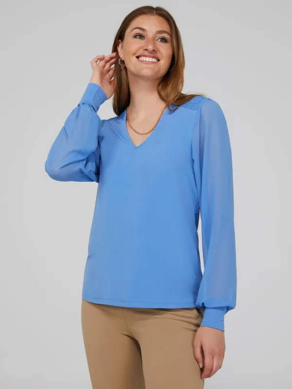 V-Neck Top With Sheer Crepe Chiffon Long Sleeves sold by Suzy Shier